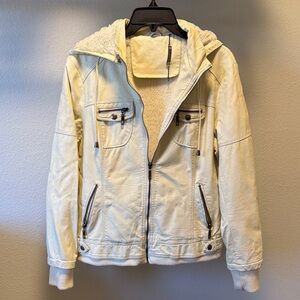 Cream Hooded Faux Leather Jacket with Faux Fur Lining